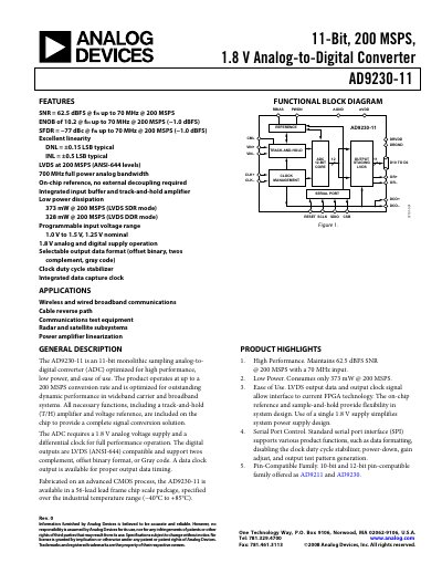 Analog Devices AD9230-11 11‑Bit ADC Datasheet - cover page