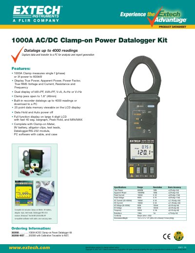 EXTECH 1000A AC/DC Clamp-on Power Datalogger Kit Datasheet - cover page