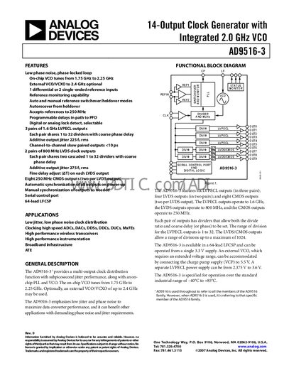 Analog Devices AD9516-3 Clock Generator Datasheet - cover page