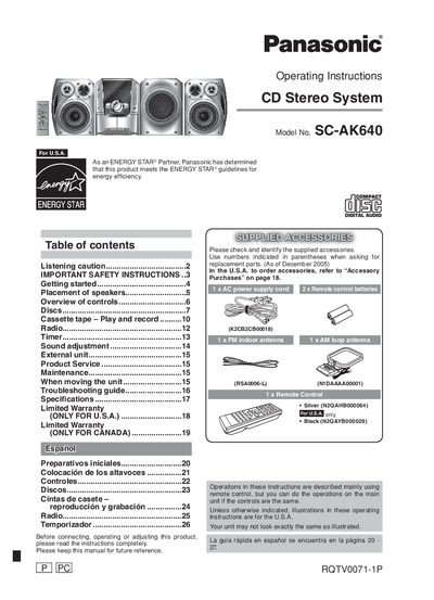 Panasonic SC-AK640 CD Stereo System Operating Instructions - cover page
