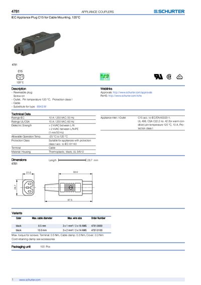 SCHURTER APPLIANCE COUPLERS 4781 IEC Appliance Plug C15 for Cable Mounting 120&deg;C handbook - cover page