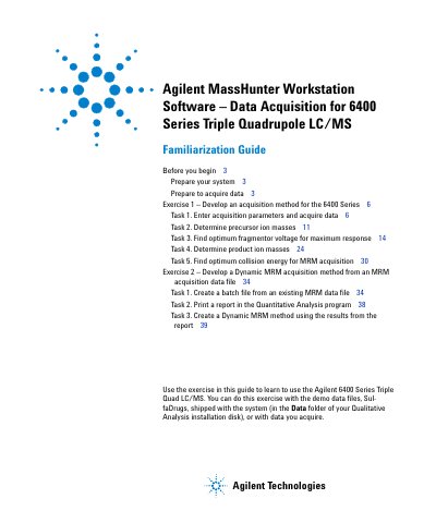 Agilent MassHunter Workstation Software Data Acquisition Familiarization Guide for 6400 Series Triple Quadrupole LC/MS - cover page