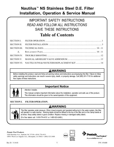 Nautilus NS Series Diatomaceous Earth Filter Installation and Operation Manual - cover page