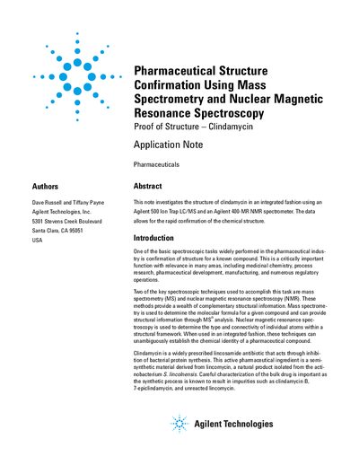 Agilent Pharmaceutical Structure Confirmation Using Mass Spectrometry Nuclear Magnetic Resonance Spectroscopy Applicatio - cover page