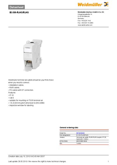 Weidmuller IE-XM-RJ45/RJ45 Datasheet