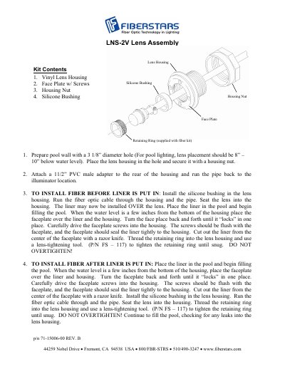 FiberStars LNS-2V Lens Assembly Installation Instructions - cover page