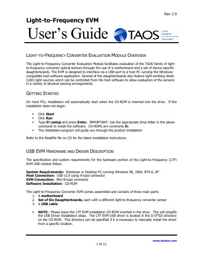 TAOS LTF EVM Light-to-Frequency Converter Evaluation Module User Manual - cover page