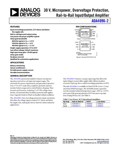 Analog Devices ADA4096-2 Datasheet - cover page