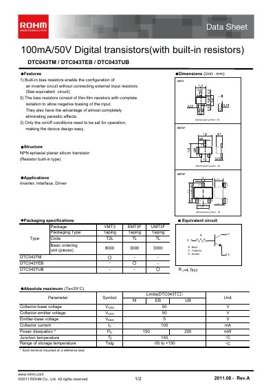 ROHM DTC043TM Datasheet - cover page