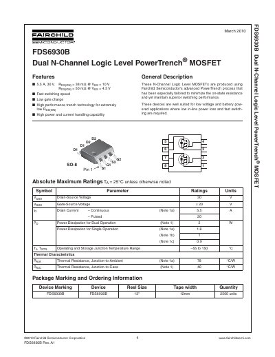 Fairchild Semiconductor FDS6930B Dual N-Channel Logic Level PowerTrench MOSFET Datasheet - cover page