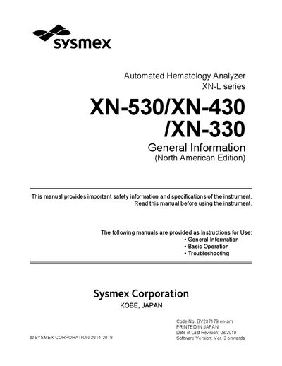 Sysmex XN-530/XN-430/XN-330 Hematology Analyzer General Information Manual