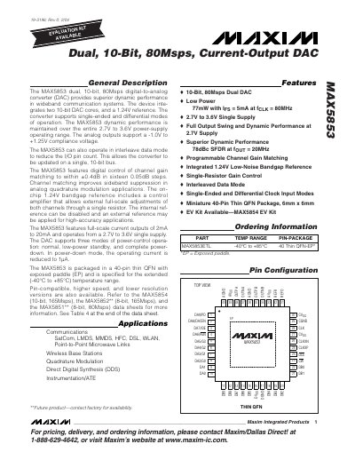 Maxim MAX5853 Dual 10‑Bit 80Msps Current‑Output DAC Datasheet - cover page
