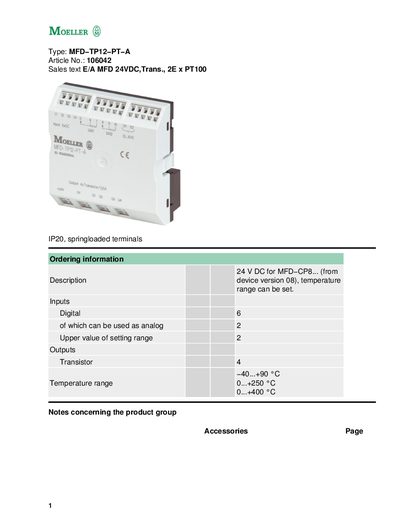 MOELLER Type: MFD TP12 PT A Article No.: 106042 Sales text E/A MFD 24VDC Trans. 2E x PT100 - cover page