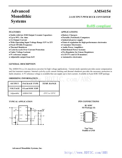 Advanced Monolithic Systems AMS4154 2A Output PWM Buck Converter Datasheet - cover page