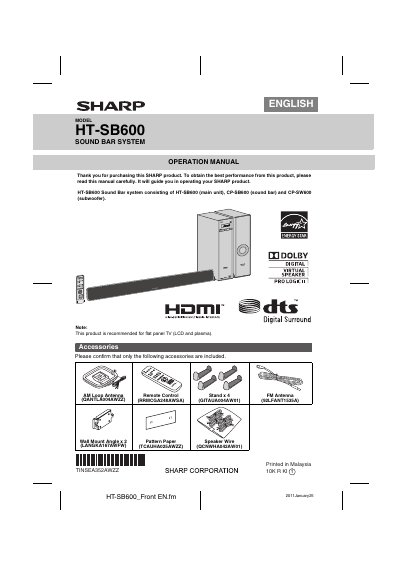 Sharp HT-SB600 Sound Bar System User Manual - cover page