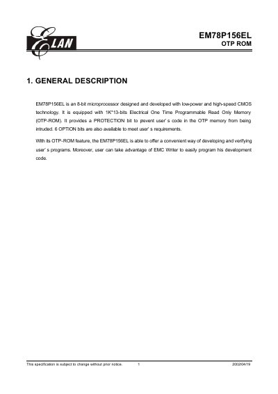 EMC EM78P156EL OTP ROM Datasheet