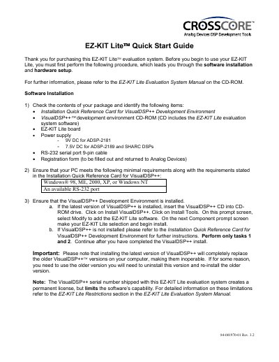 ANALOG DEVICES ADSP-218x DSP family ADSP-2192 EZ-KIT Lite Installation Procedure -Non-USB (Rev 3.2) Manual