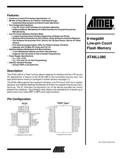 Atmel AT49LL080 Flash Memory Datasheet - cover page