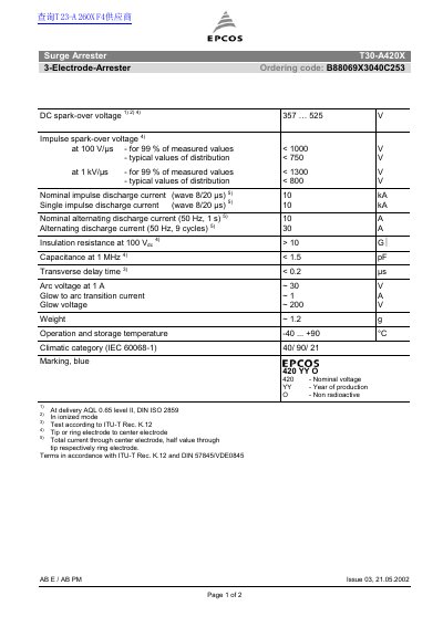 EPCOS T30-A420X Surge Arrester Datasheet - cover page