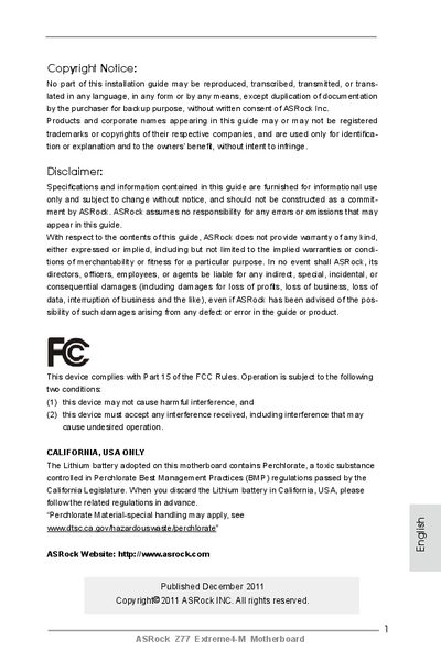 ASRock Z77 Extreme4-M Motherboard Installation Guide - cover page
