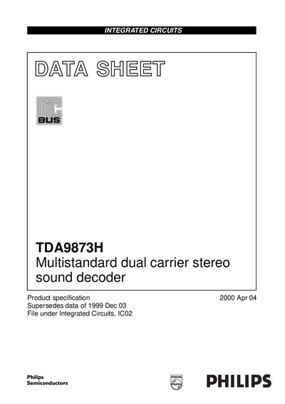 Philips TDA9873H Multistandard Stereo Sound Decoder Datasheet - cover page