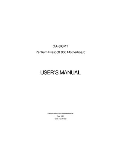 GA-8ICMT Pentium Prescott 800 Motherboard User Manual - cover page