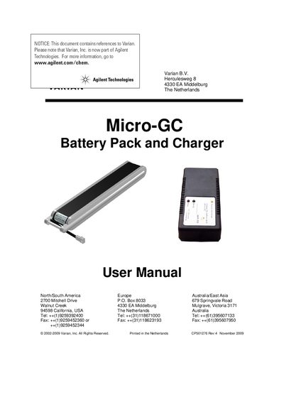 Agilent Micro-GC Battery Pack and Charger User Manual - cover page