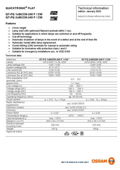 OSRAM SYLVANIA QT-FQ 1x80/230-240 F CW & QT-FQ 2x80/230-240 F CW Datasheet - cover page