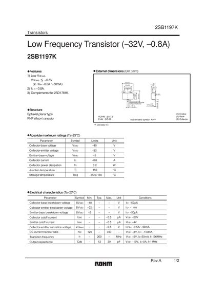 ROHM 2SB1197K Transistor Datasheet - cover page