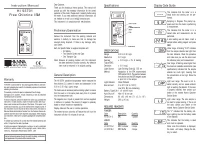 Hanna Instruments HI 93701 Free Chlorine ISM Instruction Manual - cover page