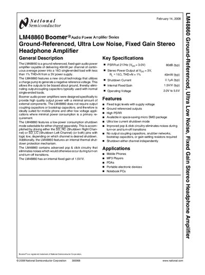 National Semiconductor LM48860 Ground-Referenced Ultra Low Noise Fixed Gain Stereo Headphone Amplifier Handbook - cover page