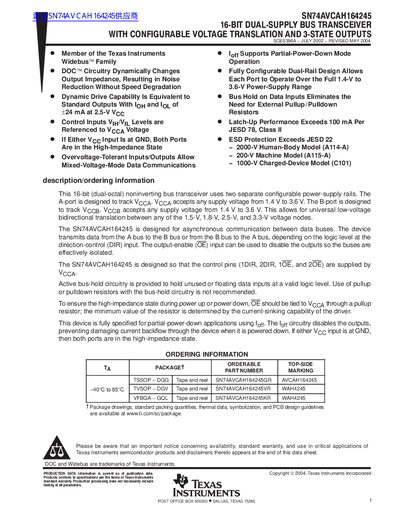 Texas Instruments SN74AVCAH164245 16‑Bit Dual‑Supply Bus Transceiver Datasheet - cover page