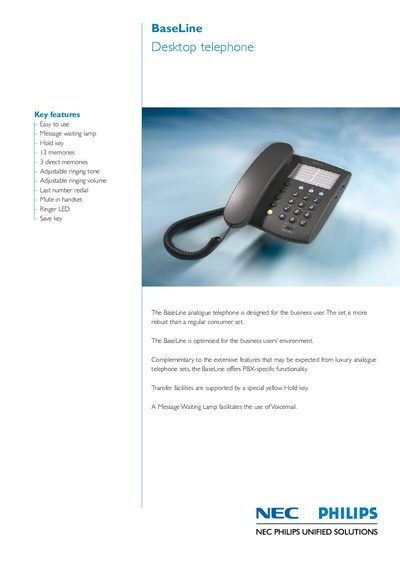 NEC Philips BaseLine Desktop Telephone Product Leaflet - cover page