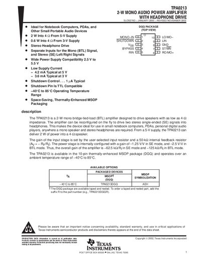 Texas Instruments TPA0213 Audio Power Amplifier Datasheet - cover page