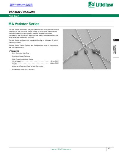 Littelfuse MA Series Axial Lead Metal Oxide Varistors Datasheet - cover page