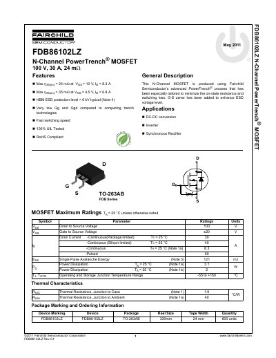 Fairchild FDB86102LZ N-Channel MOSFET Datasheet - cover page