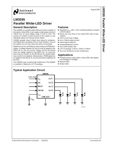 National Semiconductor LM3595 Parallel White-LED Driver Datasheet - cover page