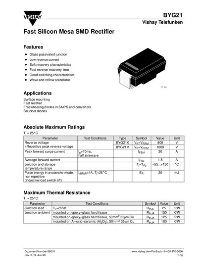 Vishay BYG21 Fast Silicon Mesa SMD Rectifier Datasheet - cover page