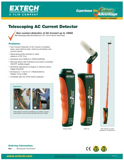 EXTECH DA50 Telescoping AC Current Detector Product Datasheet - cover page