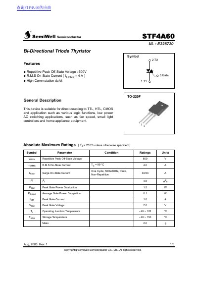SemiWell STF4A60 Bi-Directional Triode Thyristor Datasheet - cover page