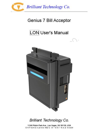 Brilliant Technology Genius 7 Cash Acceptor User's Manual