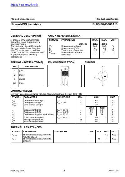 Philips Semiconductors PowerMOS transistor BUK436W-800A/B Product specification1 - cover page