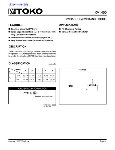 TOKO KV1400 Variable Capacitance Diode Datasheet - cover page