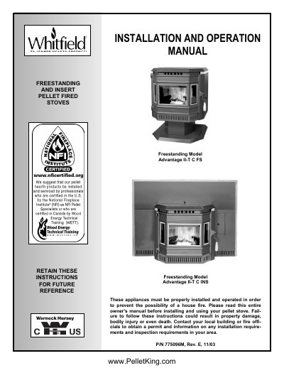 Lennox Hearth Products Advantage II-T C Pellet Stove Installation and Operation Manual - cover page