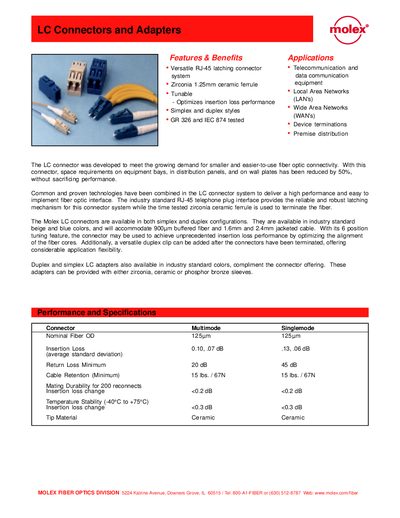 Molex LC Connectors and Adapters Product Catalog - cover page
