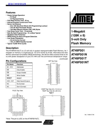 ATMEL AT49F001 AT49F001N AT49F001T AT49F001NT handbook - cover page
