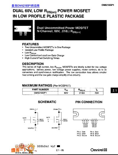 Omnirel OM6218SP1 Dual 60V Low Rds(on) Power MOSFET Datasheet - cover page
