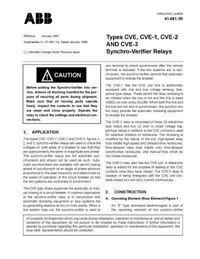 ABB Type CVE CVE-1 CVE-2 CVE-3 Synchro-Verifier Relays Manual - cover page