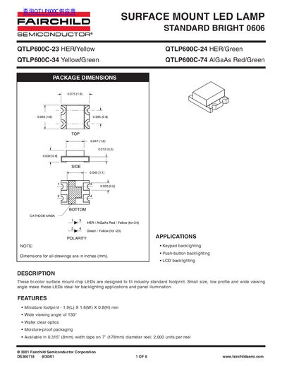 FAIRCHILD QTLP600C-23/-24/-34/-74 SURFACE MOUNT LED LAMP STANDARD BRIGHT 0606 - cover page