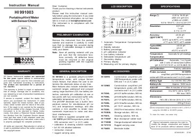 Hanna Instruments HI 991003 Portable pH/mV Meter Instruction Manual - cover page